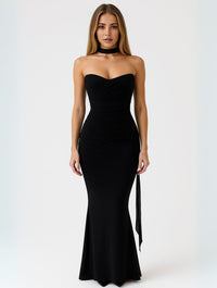 Women's Jersey Strapless Maxi Dress with Choker and Ruched Bodice - Maisie London