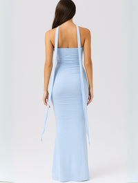 Women's Jersey Strapless Maxi Dress with Choker and Ruched Bodice - Maisie London
