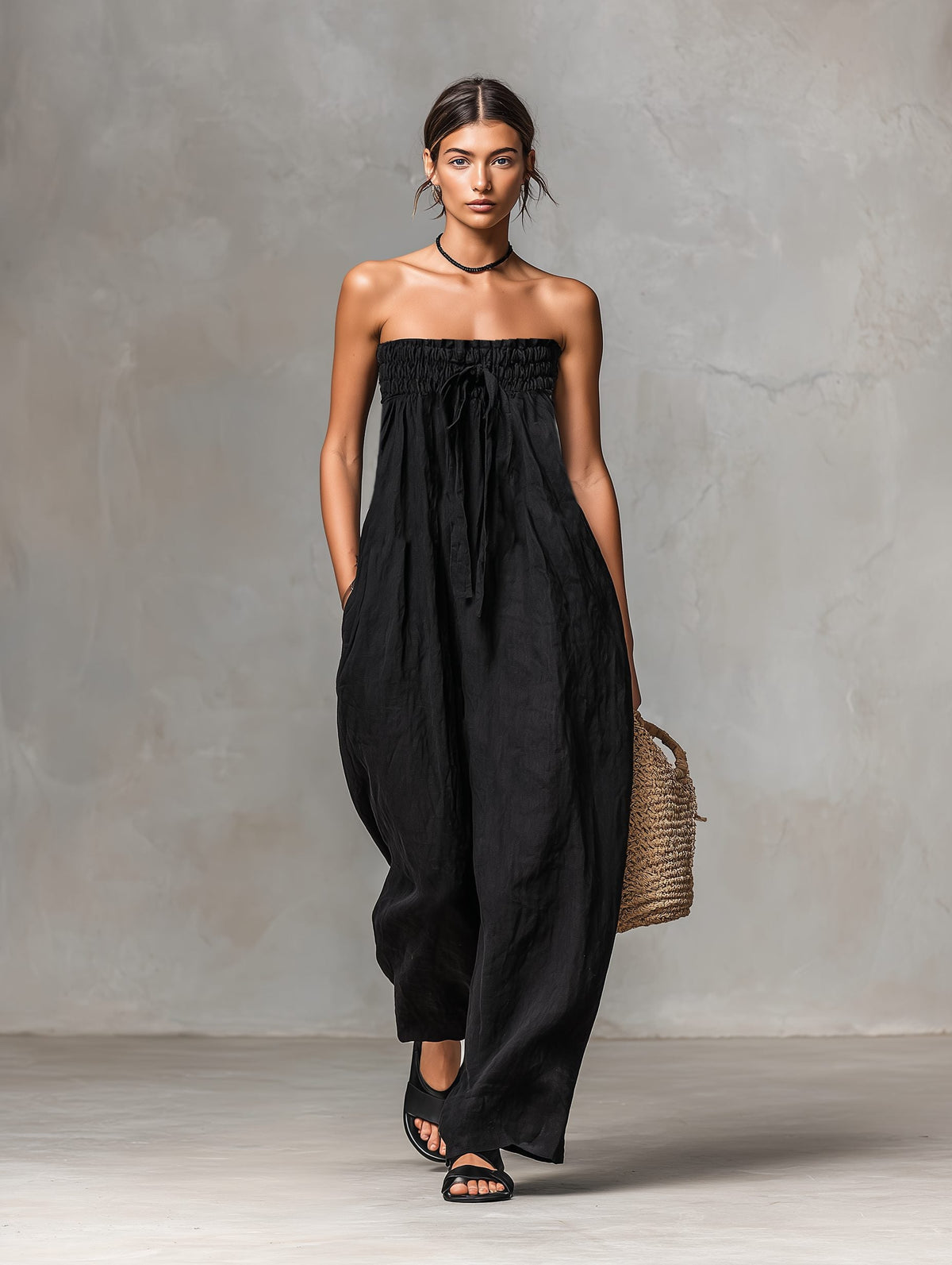 Women's Linen-Look Strapless Wide-Leg Jumpsuit with Tie Waist - Maisie London