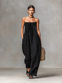 Women's Linen-Look Strapless Wide-Leg Jumpsuit with Tie Waist - Maisie London