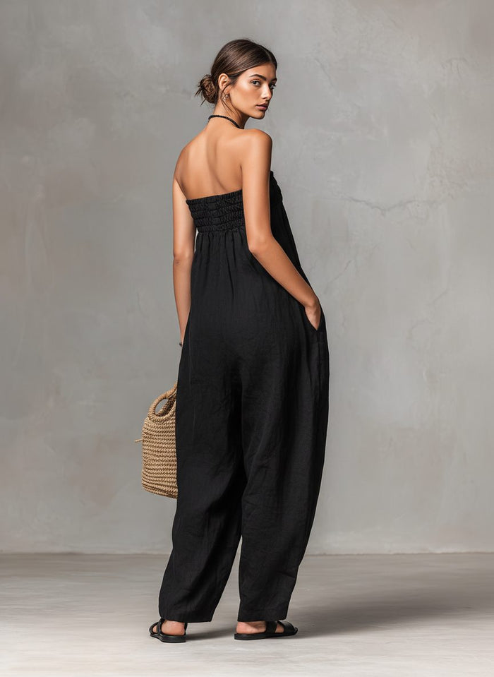 Women's Linen-Look Strapless Wide-Leg Jumpsuit with Tie Waist - Maisie London