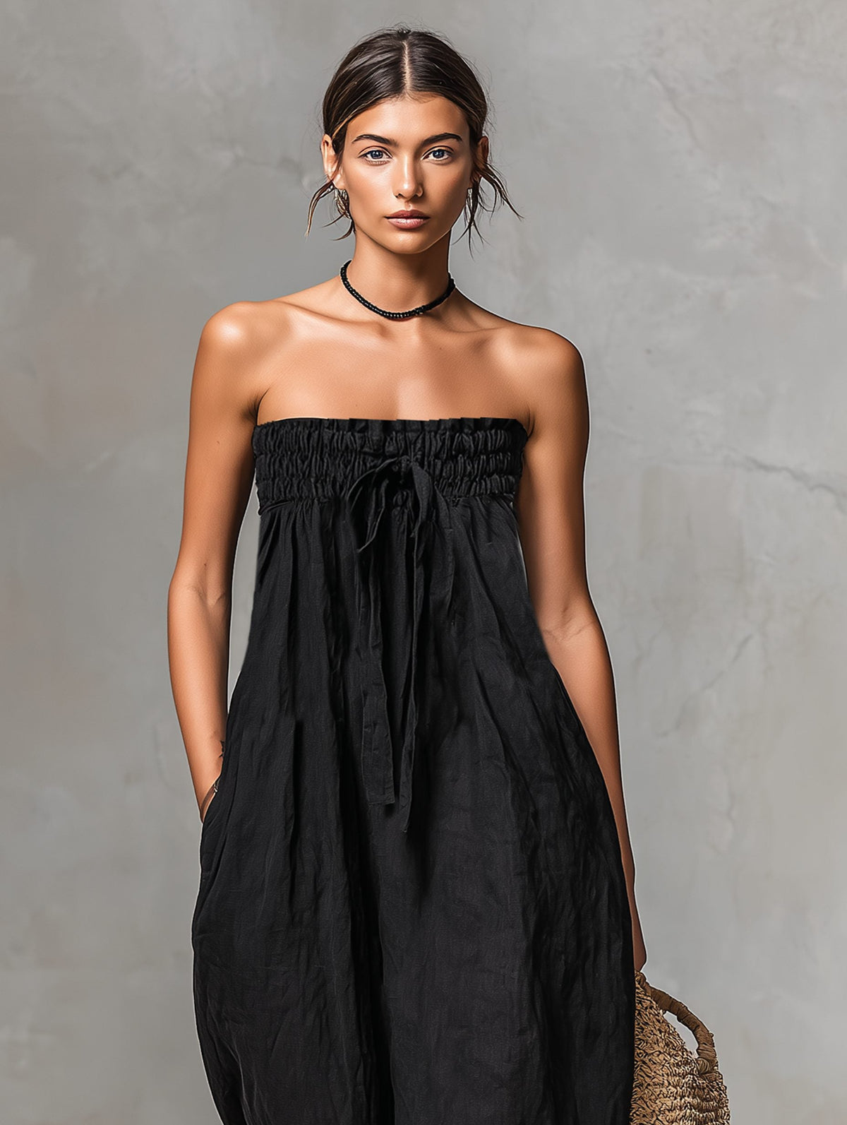 Women's Linen-Look Strapless Wide-Leg Jumpsuit with Tie Waist - Maisie London