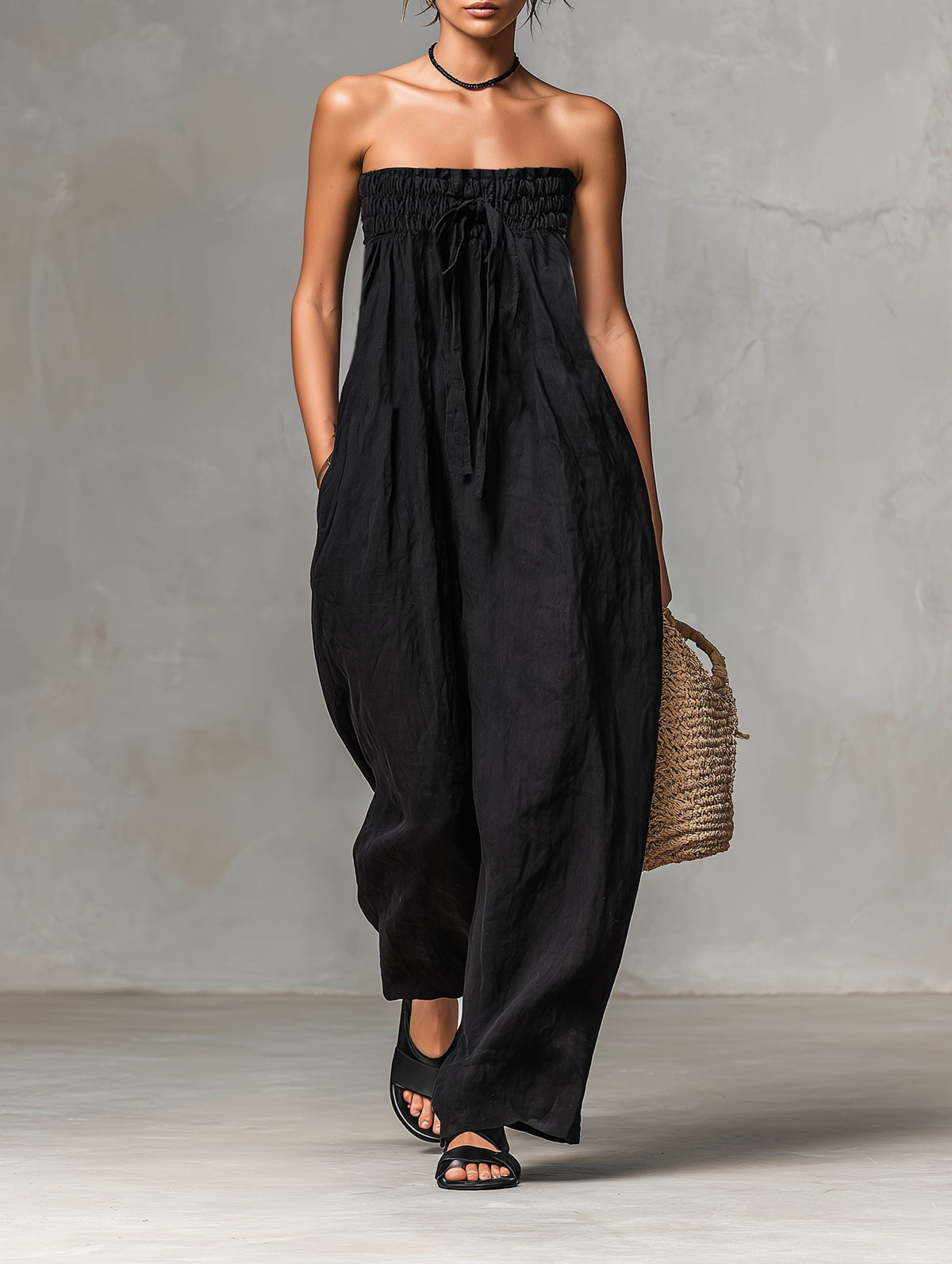 Women's Linen-Look Strapless Wide-Leg Jumpsuit with Tie Waist - Maisie London
