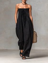 Women's Linen-Look Strapless Wide-Leg Jumpsuit with Tie Waist - Maisie London