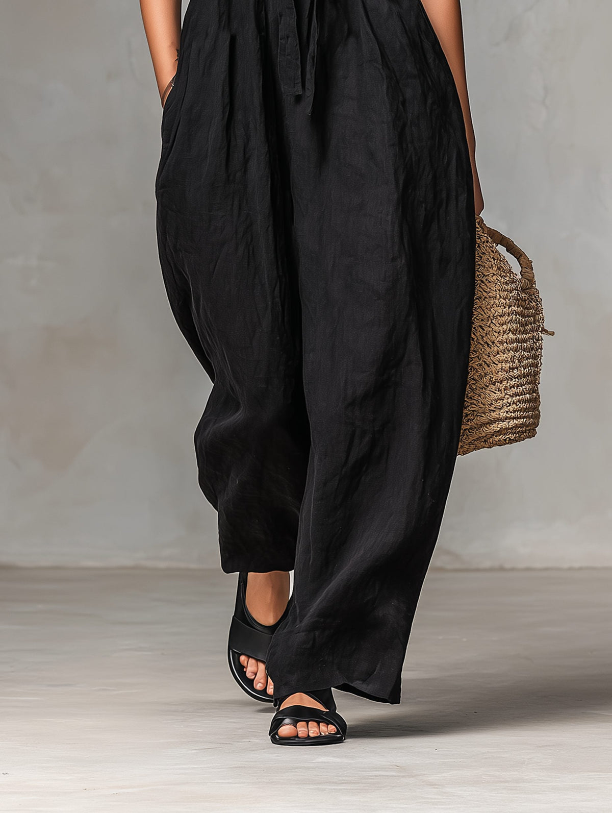 Women's Linen-Look Strapless Wide-Leg Jumpsuit with Tie Waist - Maisie London