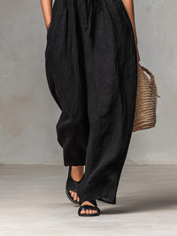 Women's Linen-Look Strapless Wide-Leg Jumpsuit with Tie Waist - Maisie London