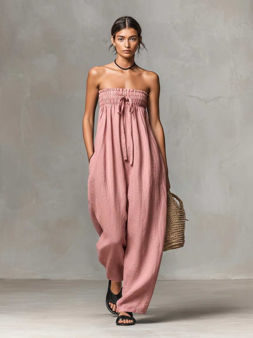Women's Linen-Look Strapless Wide-Leg Jumpsuit with Tie Waist - Maisie London