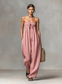 Women's Linen-Look Strapless Wide-Leg Jumpsuit with Tie Waist - Maisie London