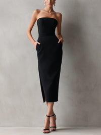 Women's Black Crepe Strapless Midi Dress with Pockets and Side Slit - Maisie London