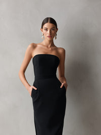 Women's Black Crepe Strapless Midi Dress with Pockets and Side Slit - Maisie London