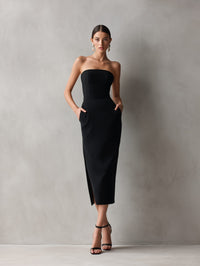 Women's Black Crepe Strapless Midi Dress with Pockets and Side Slit - Maisie London