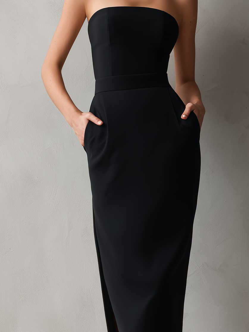 Women's Black Crepe Strapless Midi Dress with Pockets and Side Slit - Maisie London