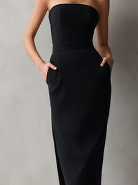 Women's Black Crepe Strapless Midi Dress with Pockets and Side Slit - Maisie London