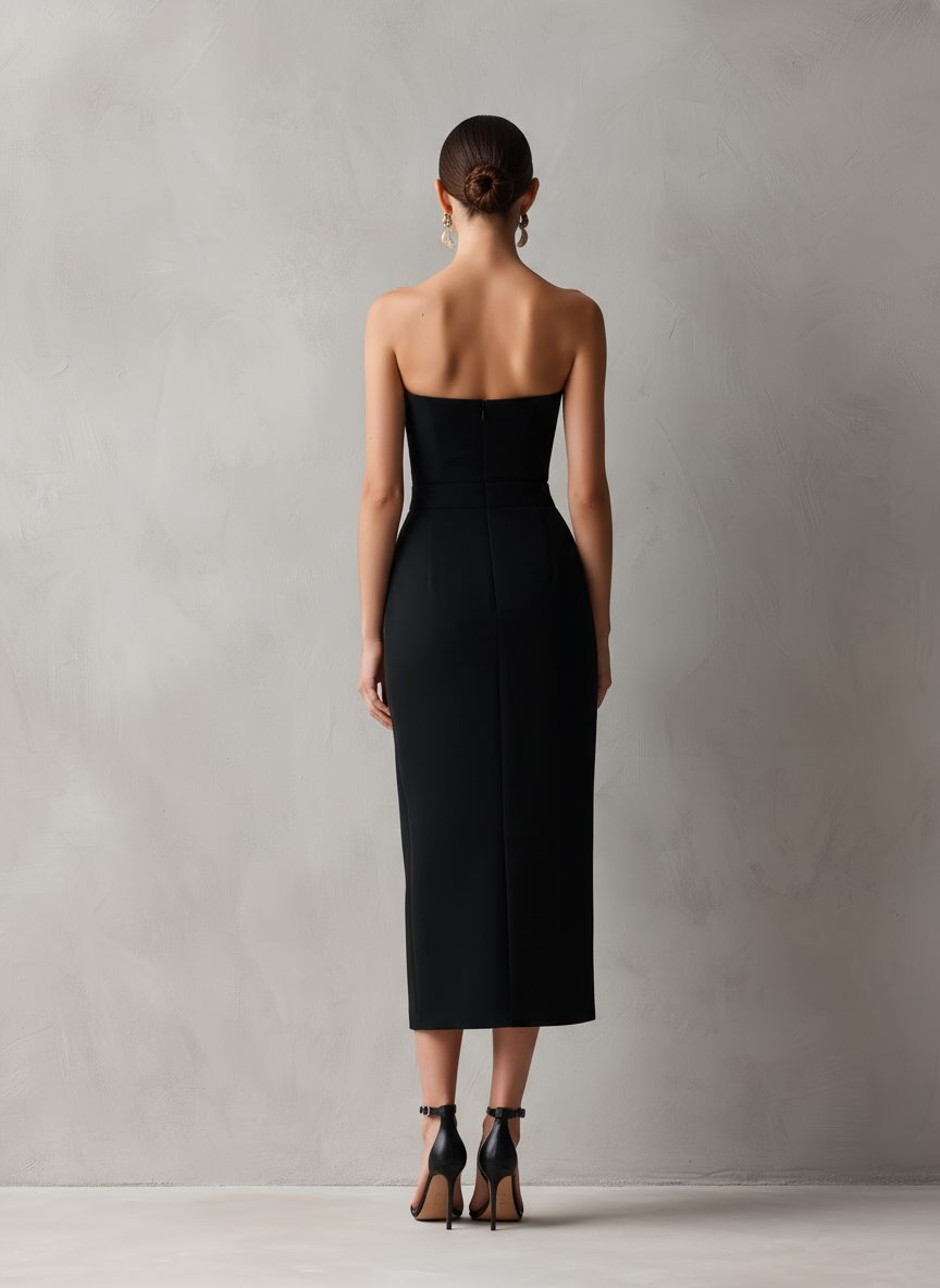 Women's Black Crepe Strapless Midi Dress with Pockets and Side Slit - Maisie London