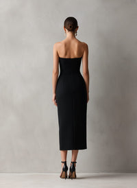 Women's Black Crepe Strapless Midi Dress with Pockets and Side Slit - Maisie London