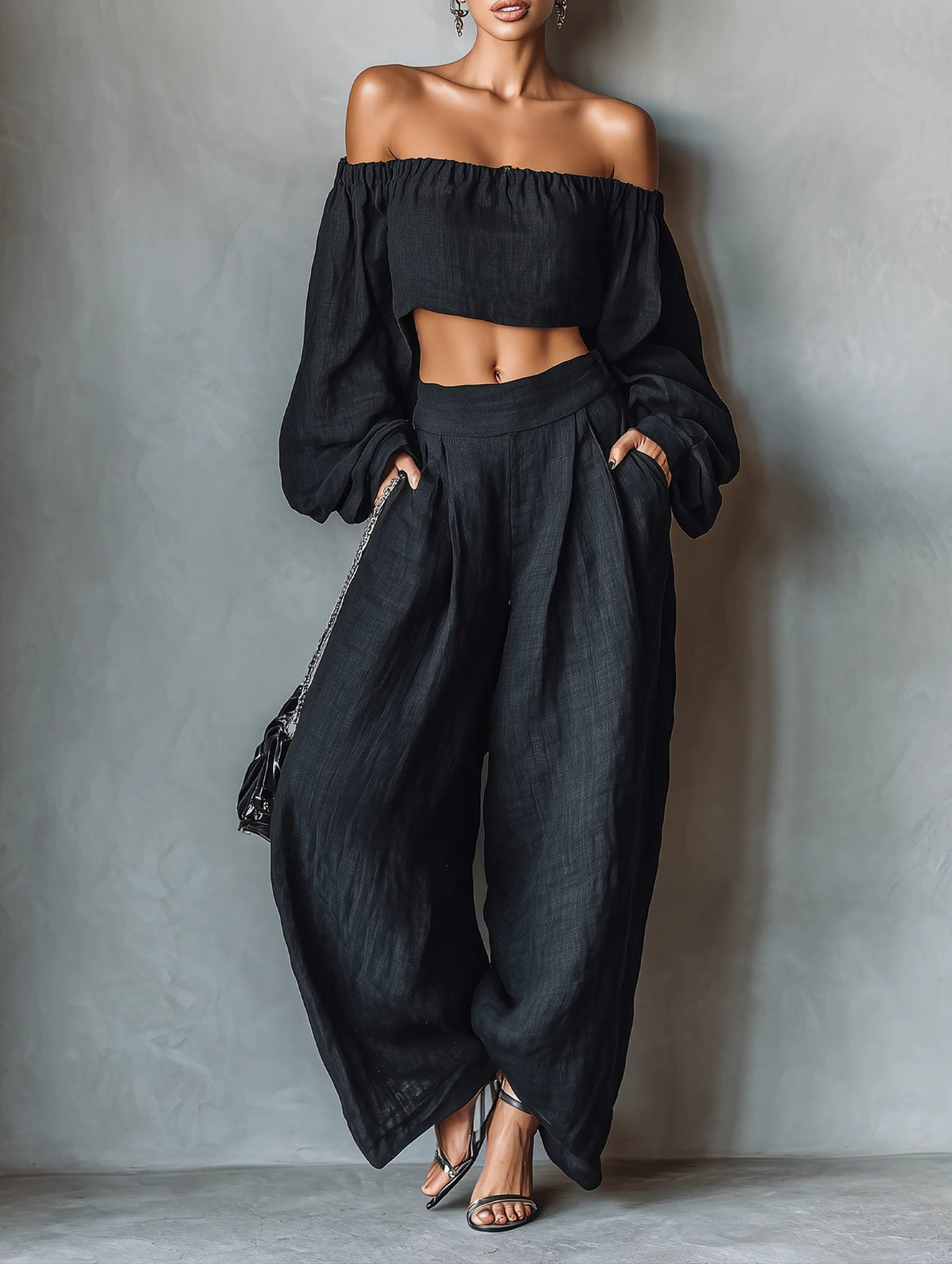 Women's Black Linen-Look Wide-Leg Trouser Set with Off-Shoulder Top - Maisie London