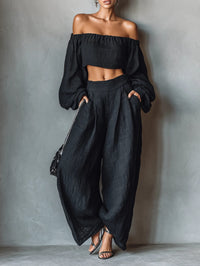 Women's Black Linen-Look Wide-Leg Trouser Set with Off-Shoulder Top - Maisie London