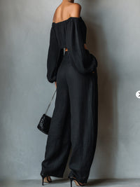 Women's Black Linen-Look Wide-Leg Trouser Set with Off-Shoulder Top - Maisie London