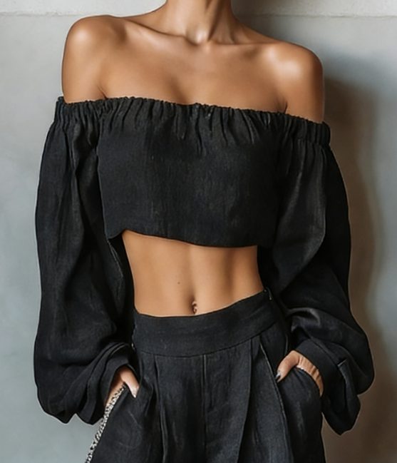 Women's Black Linen-Look Wide-Leg Trouser Set with Off-Shoulder Top - Maisie London