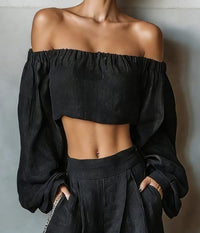 Women's Black Linen-Look Wide-Leg Trouser Set with Off-Shoulder Top - Maisie London