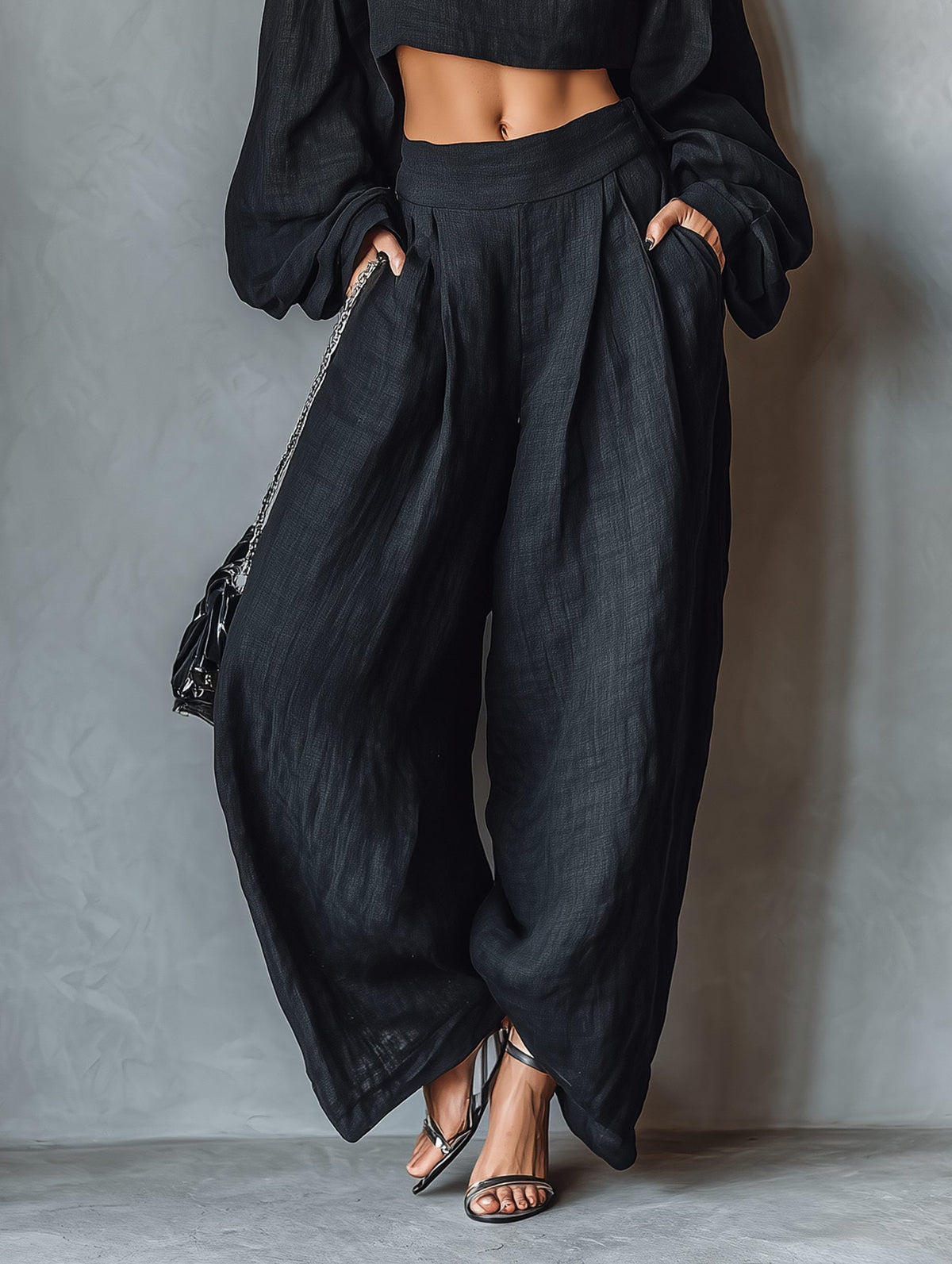 Women's Black Linen-Look Wide-Leg Trouser Set with Off-Shoulder Top - Maisie London