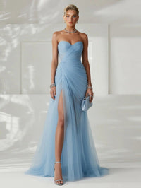 Women's Tulle Strapless Maxi Dress with Ruched Bodice and High Split - Maisie London