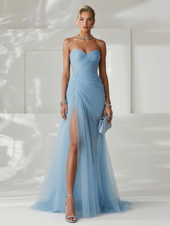 Women's Tulle Strapless Maxi Dress with Ruched Bodice and High Split - Maisie London