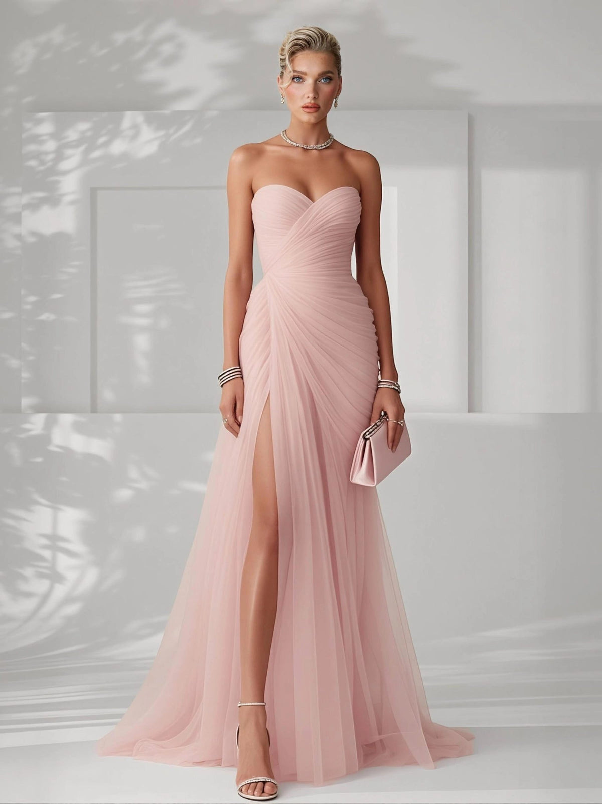 Women's Tulle Strapless Maxi Dress with Ruched Bodice and High Split - Maisie London