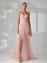 Women's Tulle Strapless Maxi Dress with Ruched Bodice and High Split - Maisie London