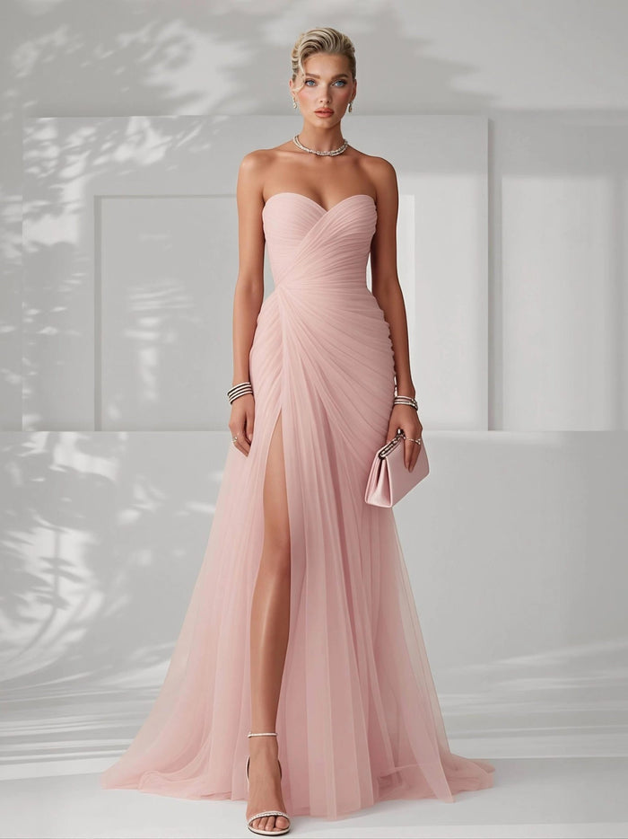 Women's Tulle Strapless Maxi Dress with Ruched Bodice and High Split - Maisie London