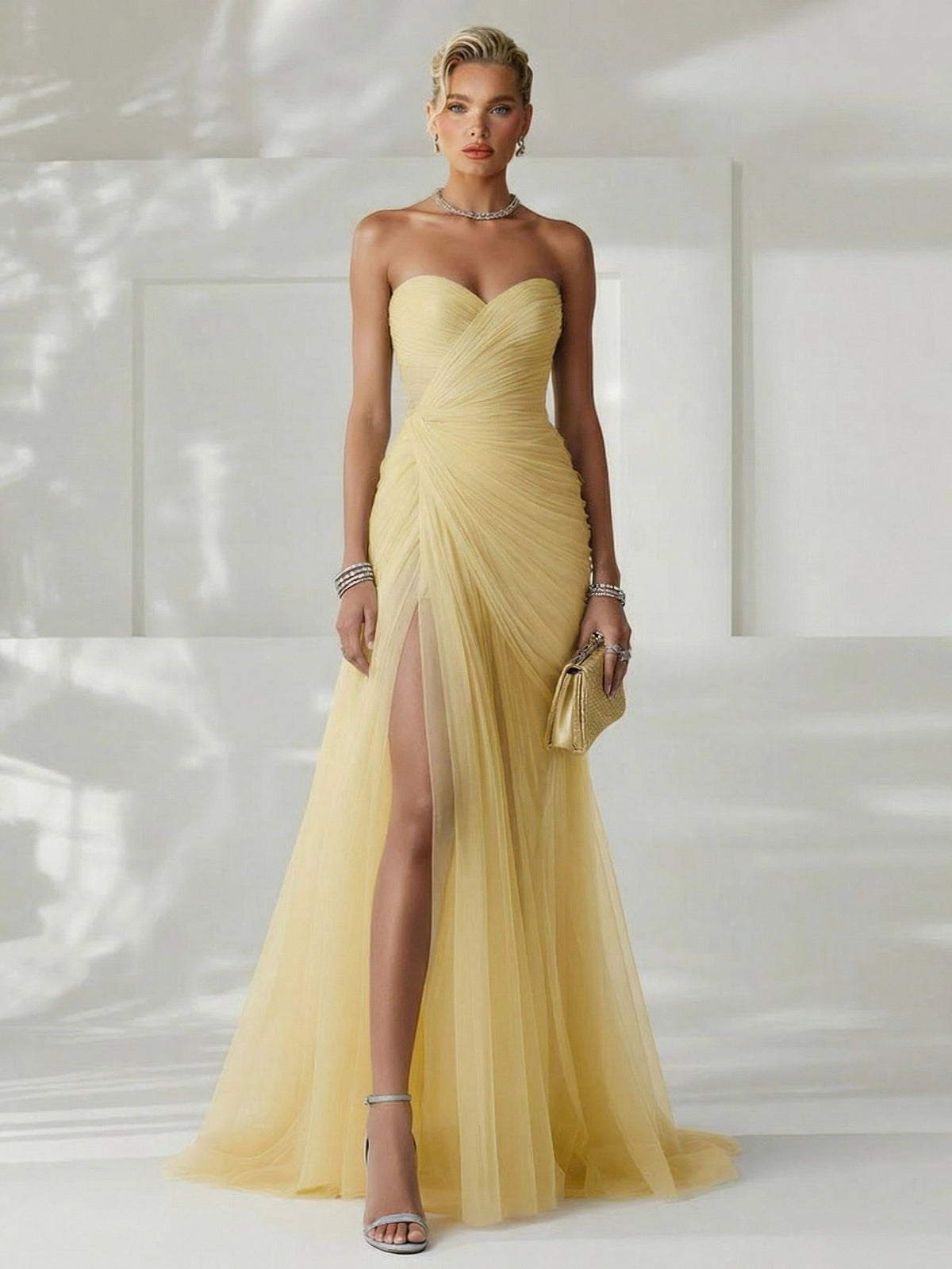 Women's Tulle Strapless Maxi Dress with Ruched Bodice and High Split - Maisie London