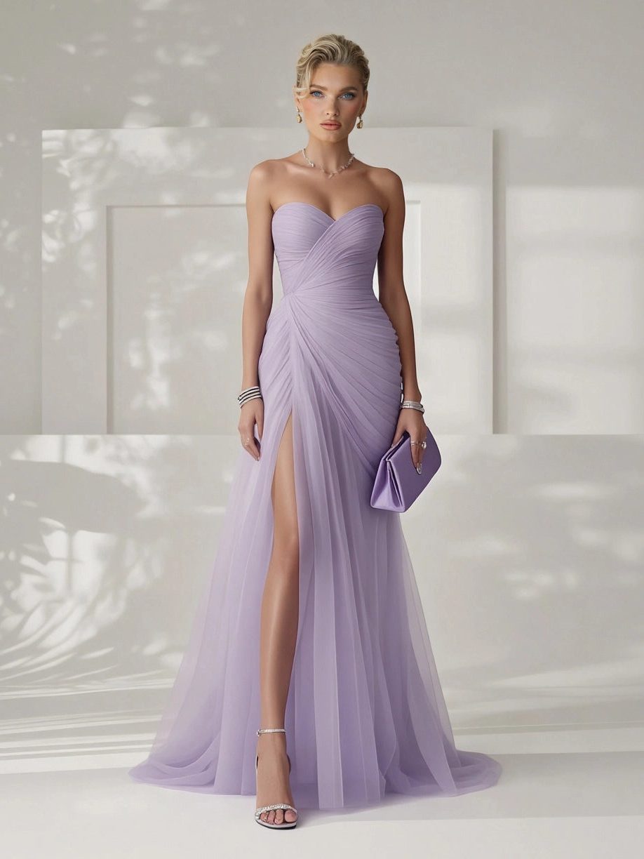 Women's Tulle Strapless Maxi Dress with Ruched Bodice and High Split - Maisie London
