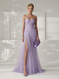Women's Tulle Strapless Maxi Dress with Ruched Bodice and High Split - Maisie London