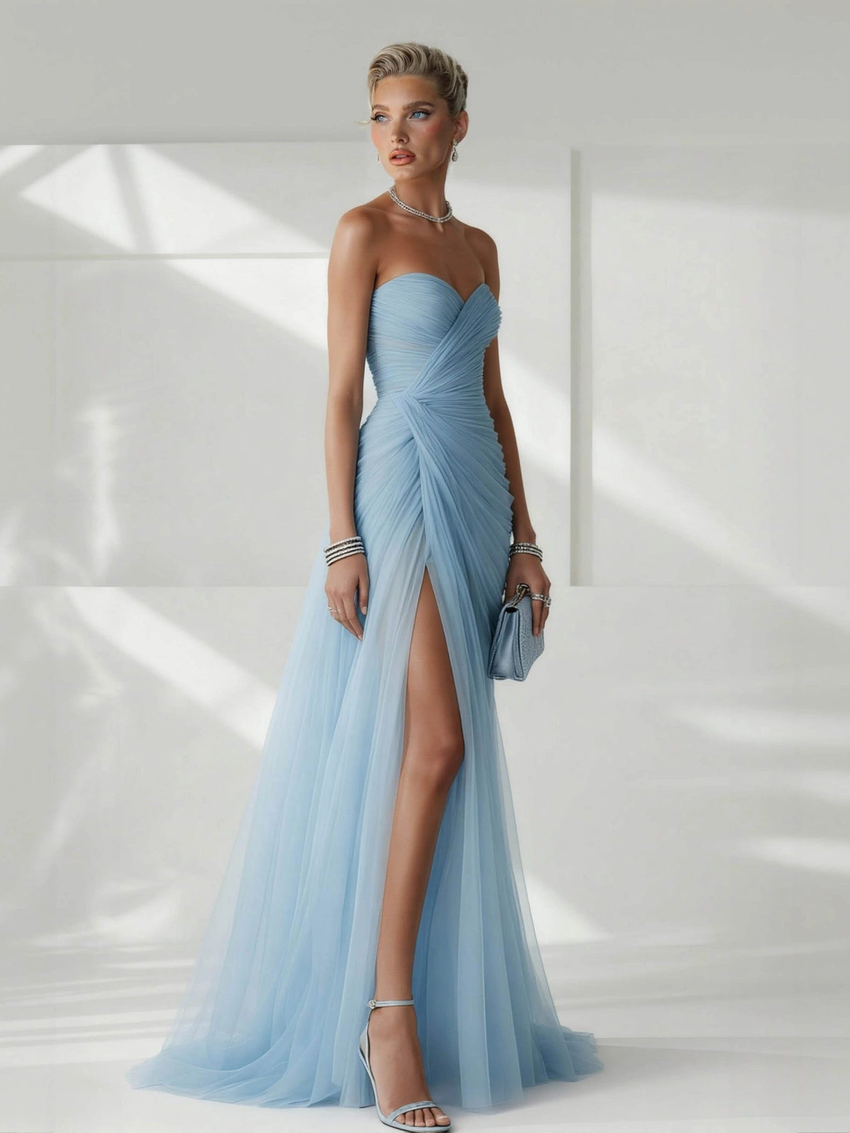 Women's Tulle Strapless Maxi Dress with Ruched Bodice and High Split - Maisie London