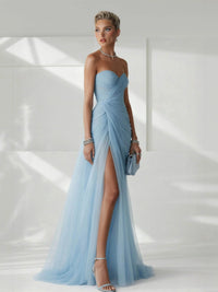 Women's Tulle Strapless Maxi Dress with Ruched Bodice and High Split - Maisie London