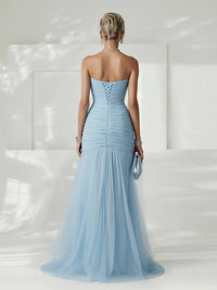 Women's Tulle Strapless Maxi Dress with Ruched Bodice and High Split - Maisie London