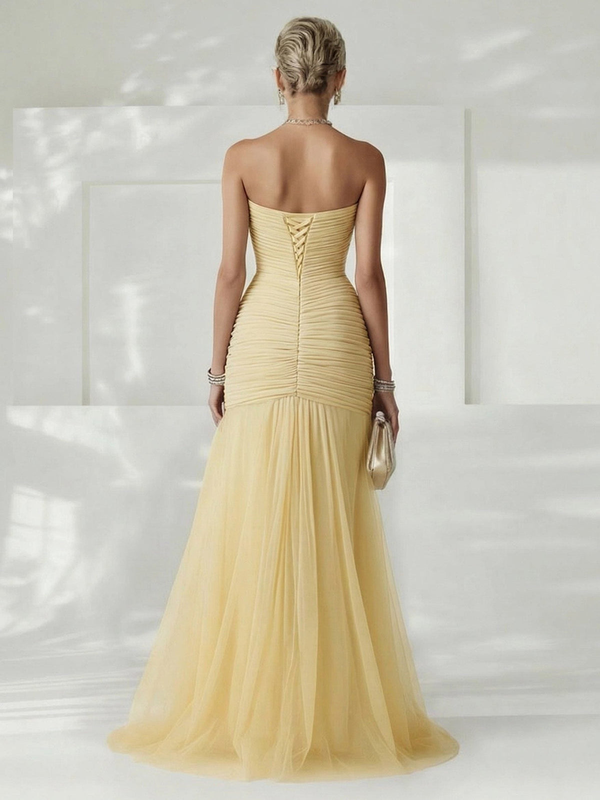 Women's Tulle Strapless Maxi Dress with Ruched Bodice and High Split - Maisie London