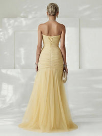 Women's Tulle Strapless Maxi Dress with Ruched Bodice and High Split - Maisie London
