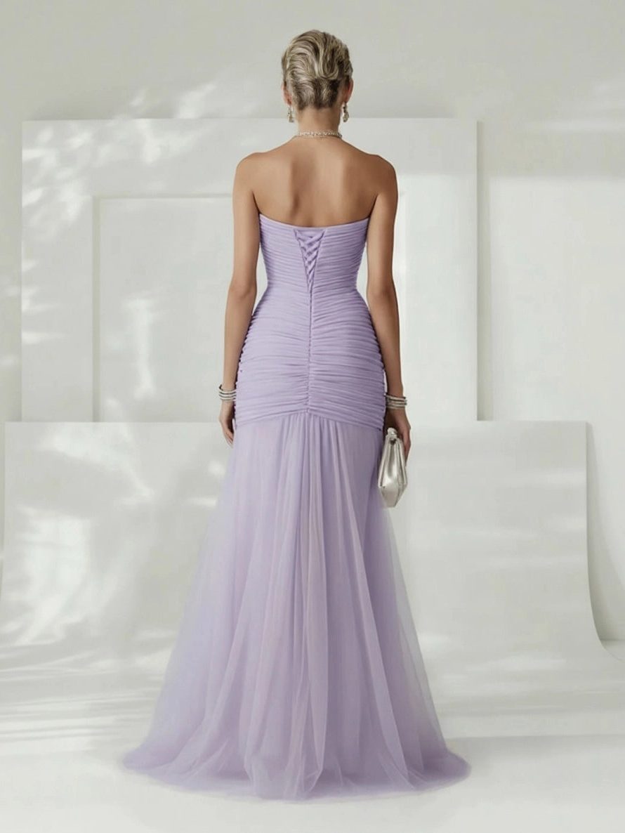 Women's Tulle Strapless Maxi Dress with Ruched Bodice and High Split - Maisie London