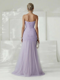 Women's Tulle Strapless Maxi Dress with Ruched Bodice and High Split - Maisie London