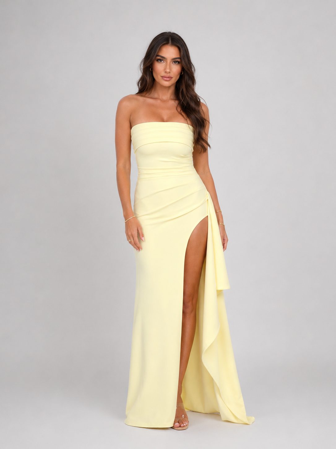 Women's Strapless Maxi Dress with Thigh-High Split and Ruched Waist - Maisie London