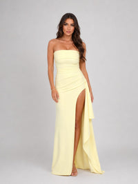 Women's Strapless Maxi Dress with Thigh-High Split and Ruched Waist - Maisie London