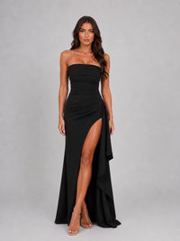 Women's Strapless Maxi Dress with Thigh-High Split and Ruched Waist - Maisie London