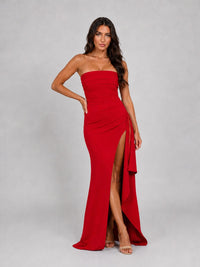Women's Strapless Maxi Dress with Thigh-High Split and Ruched Waist - Maisie London