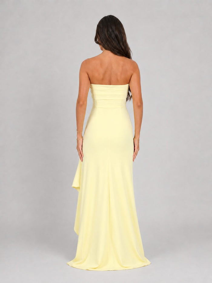 Women's Strapless Maxi Dress with Thigh-High Split and Ruched Waist - Maisie London