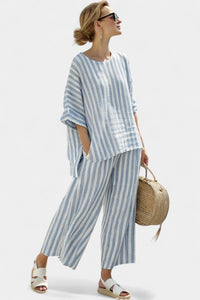 Women's Blue Stripe Linen-Look Wide-Leg Trouser Set with Oversized Top - Maisie London