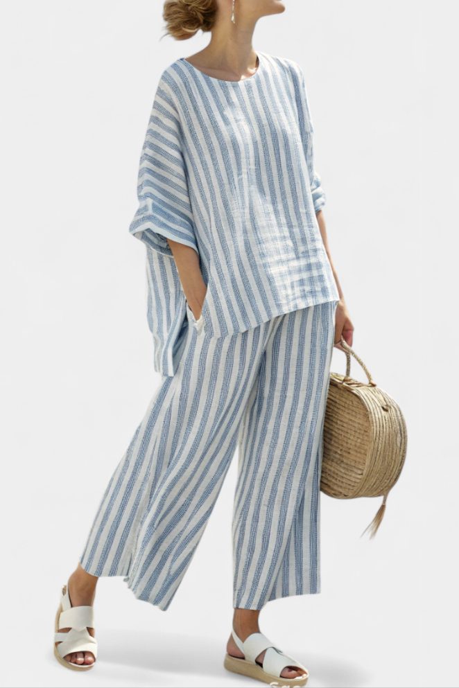 Women's Blue Stripe Linen-Look Wide-Leg Trouser Set with Oversized Top - Maisie London