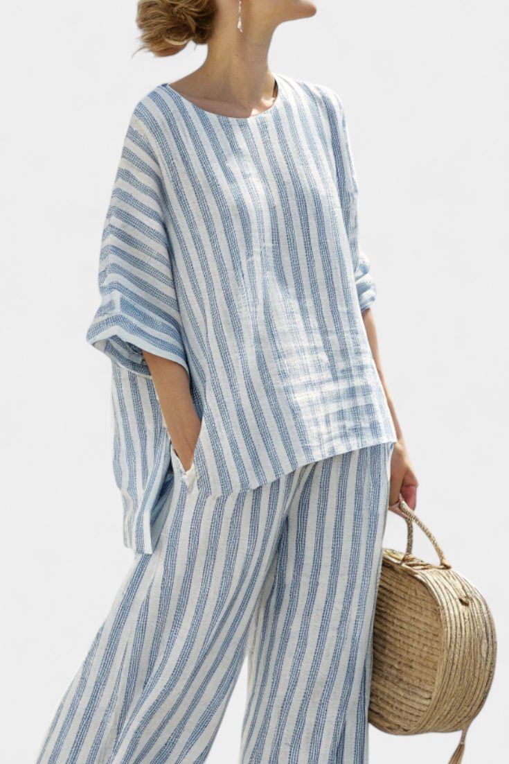 Women's Blue Stripe Linen-Look Wide-Leg Trouser Set with Oversized Top - Maisie London