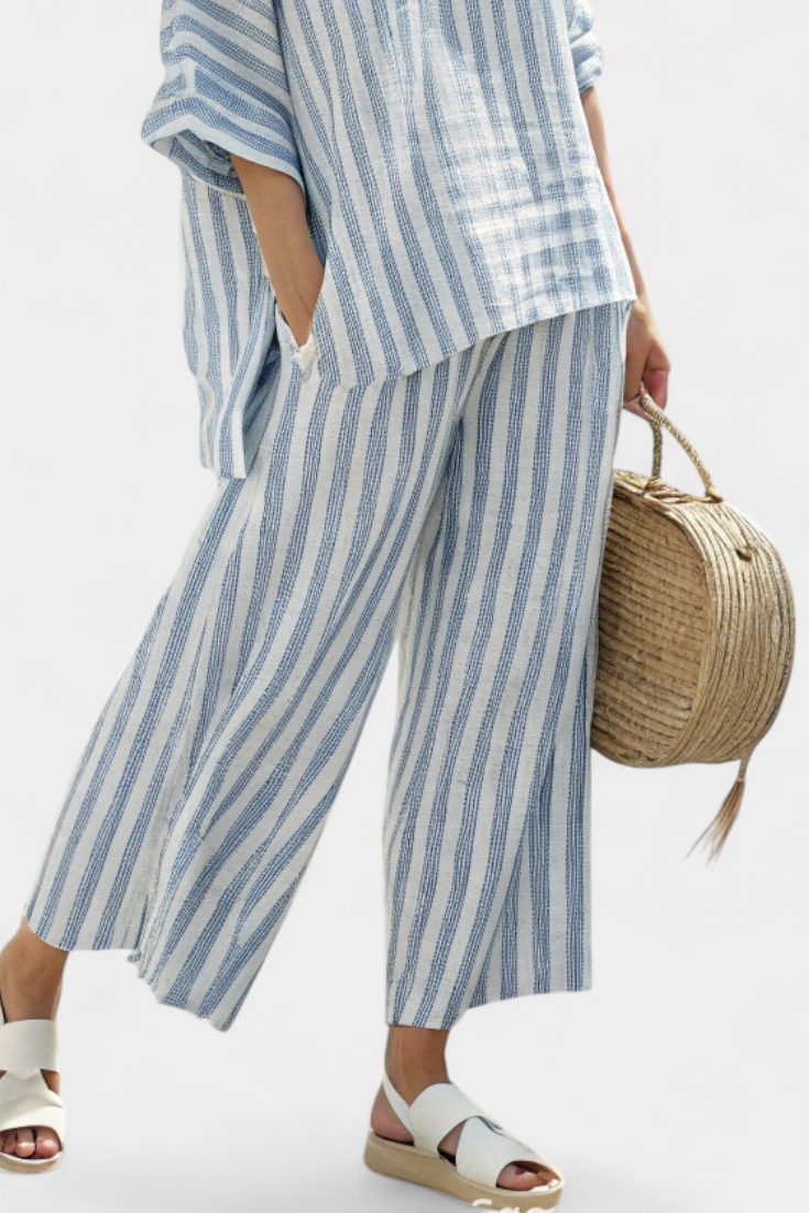 Women's Blue Stripe Linen-Look Wide-Leg Trouser Set with Oversized Top - Maisie London