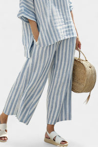 Women's Blue Stripe Linen-Look Wide-Leg Trouser Set with Oversized Top - Maisie London